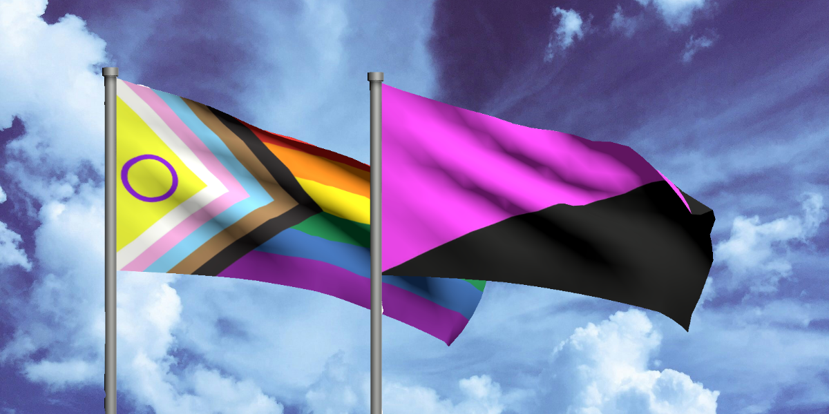 Two flags waving in the wind on a blue sky background: progress pride and anarcha queer