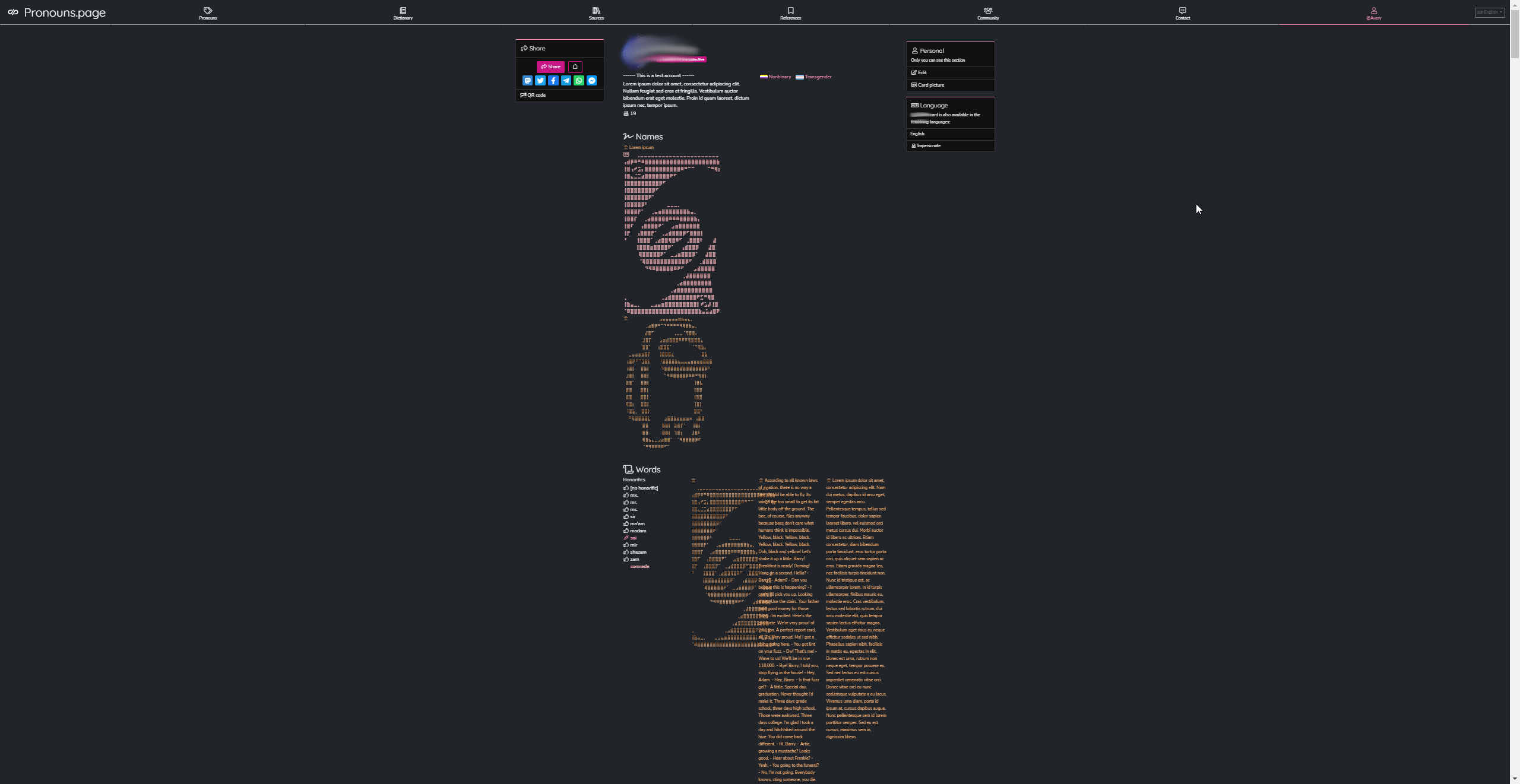 Screenshot of a test account abusing the unlimted length of fields