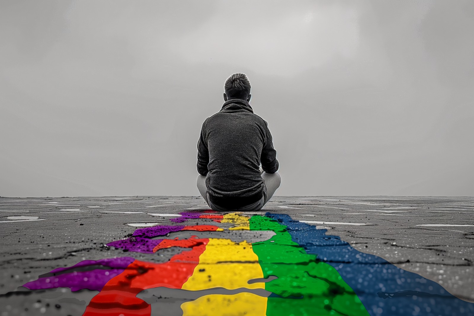 Grayscale picture of a person sitting on a ground, with their back to the camera. The only colour that pops out is a rainbow splash behind their back.